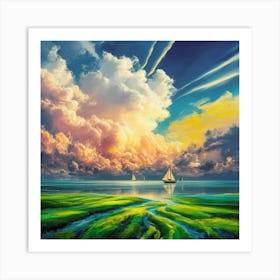 Serene Seascape Painting—a vibrant artwork capturing golden sunbeams piercing through clouds above sailboats on calm waters, ideal for art collectors and maritime decor. Art Print