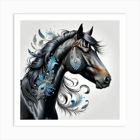 Black Horse Portrait With Feathers Art Print