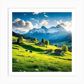 Alpine Pastoral Landscape Cows Grazing On Lush Green Slopes Snow Capped Mountains In The Distance (1) Art Print