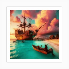 Pirate Ship At Sunset 1 Art Print