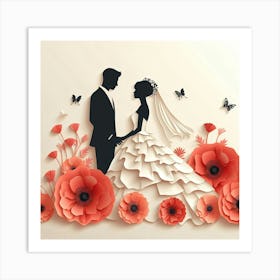 Bride And Groom Paper Art With Flowers Art Print