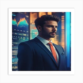 Businessman In Suit Standing In Front Of Financial Charts Art Print