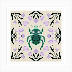 Beetle and flowers - violet and green Art Print