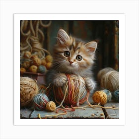 Kitten Playing With Yarn Art Print