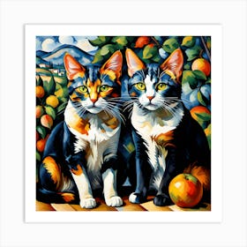 Two Cats With Oranges Modern Art Cezanne Inspired 1 Art Print
