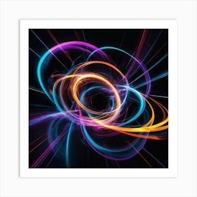 A dynamic and energetic abstract composition of glowing light trails in neon colors, swirling and overlapping in a dark background. The image should convey speed, energy, and a sense of modernity. 1 Art Print