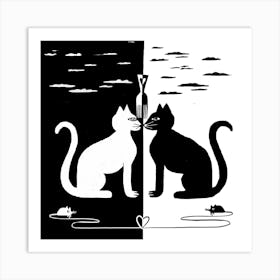 Black White Cat Mouse Love Art Print