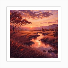 Sunset Harmony: A Tranquil Valley Landscape Art Print