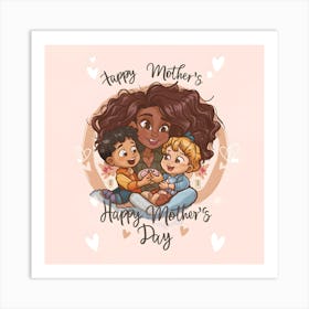 A Cute Cartoon Style Of A Mother Sitting With Her Daughter And Son - Happy Mother's Day Art Print