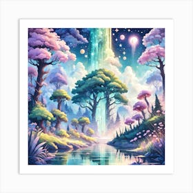 A Fantasy Forest With Twinkling Stars In Pastel Tone Square Composition 111 Art Print