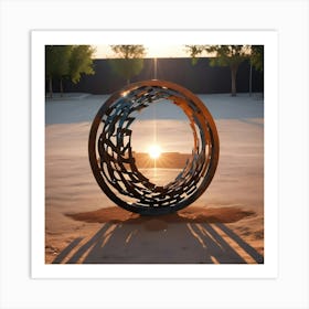 A Minimalist Sculpture Of A Large Ring With Intricate Cutouts, Positioned In A Desert Like Setting With The Sun Shining Through Its Center Art Print