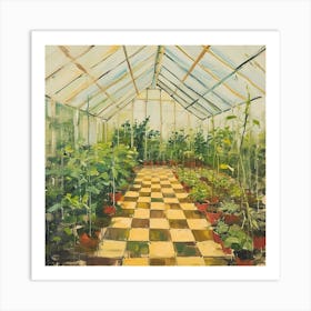 A Greenhouse Full Of Plants Yellow Checkerboard Art Print