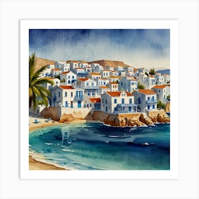 Blue Houses On The Beach.Summer on a Greek island. Sea. Sand beach. White houses. Blue roofs. The beauty of the place. Watercolor. Art Print