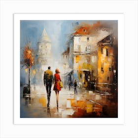 Couple Walking In The Rain Art Print