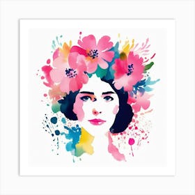 woman portrait with flowers  head crown  Art Print