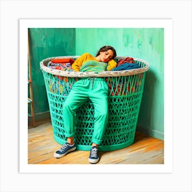 Woman Sleeping In A Laundry Basket Art Print