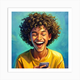 Laughing Teenager Using Smartphone Art Print