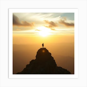 Person Standing On Top Of Mountain At Sunset Art Print