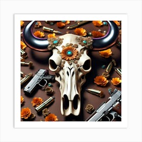 Cow Skull With Guns And Flowers Art Print