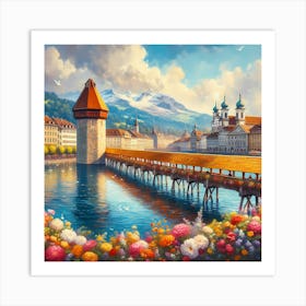 Switzerland, Artistic Lucerne With Wooden Chapel Bridge And Reuss River, Painting Art Art Print