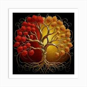 Template: Half red and half black, solid color gradient tree with golden leaves and twisted and intertwined branches 3D oil painting 2 Art Print