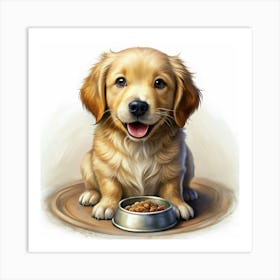 A Golden Retriever Puppy Sitting With A Bowl Of Food Art Print