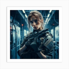Futuristic Woman In Military Uniform Art Print