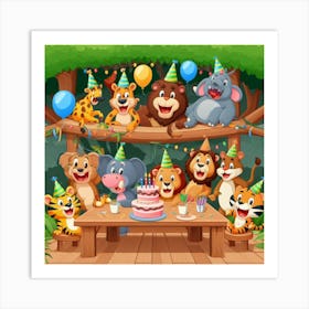 Birthday Party In The Jungle - A group of jungle animals are having a party in a treehouse. The animals are all different shapes and sizes, and they are all wearing funny hats and costumes. The treehouse is decorated with balloons and streamers, and there is a big cake in the middle of the table. The animals are all laughing and having a good time. 2 Art Print