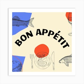 Bon Appetit Kitchen Poster Retro Drawing Art Print