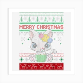 Ugly Christmas Sweater Cat Lovers Cute Cat Santa Hat Funny Art Print