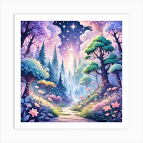 A Fantasy Forest With Twinkling Stars In Pastel Tone Square Composition 230 Art Print