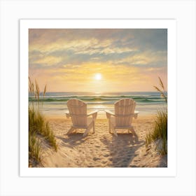 Sunset Serenity Adirondack Chairs By The Shore (2) Art Print