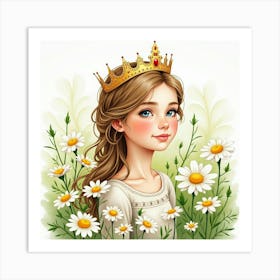 Watercolor Portrait Of Young Queen Amidst A Garden Of Daisies Art Print