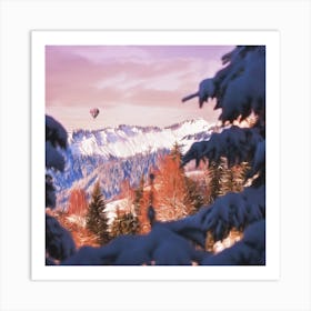 Snowy Mountain Landscape With Hot Air Balloon Art Print