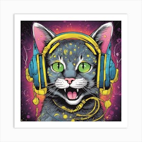 Cosmic Cat With Headphones 1 Art Print