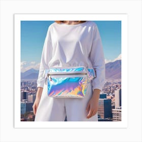 A Woman Wearing A White Sweatshirt And Pants With A Holographic Fanny Pack Stands In Front Of A Cityscape With Mountains In The Background Art Print