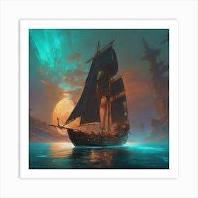 Pirate Ship At Night Art Print