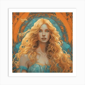 An Illustration Of A Woman In Costume With Long Curly Blonde Hair, In The Style Of Neon Art Nouvea (4) Art Print