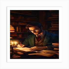 Man Writing In A Library Art Print