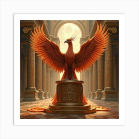 A Regal Phoenix Perched On A Golden Pedestal In A Grand Palace Art Print