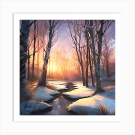 Winter Sunset across the Icy Woodland Stream 1 Art Print