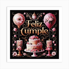 Feliz cumple and Feliz cumpleaños sign means Happy Birthday in Spanish language, Birthday party celebration gift with birthday cake candle colorful balloons best congratulation over light background wall artFeliz Cumple 42 Art Print