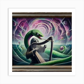 A Hypnotic Snake Playing A Silver Harp, Inspired By The Dreamlike Paintings Of Hieronymus Bosch, With A Mystical Purple And Green Palette, Where The Snake Is In Focus And The Surrounding Landscape Is Blurred Into Dreamlike Shapes, 1 Art Print