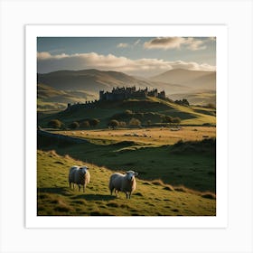 A Serene Highland Landscape With Rolling Hills, Grazing Sheep, And A Distant Castle 2 Art Print