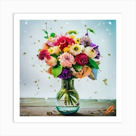 Craiyon 234006 Beautiful Bouquet Of Colorful Flowers Arranged In A Rustic Bottle On A Table Before S Art Print