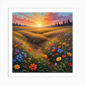 Wildflowers Sunset, Square Retro Art, Flower Fields Art Print 2 Art Print