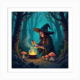 Witch Brewing Potions In A Dark Forest With Glowing Mushrooms And Toads 1 Art Print