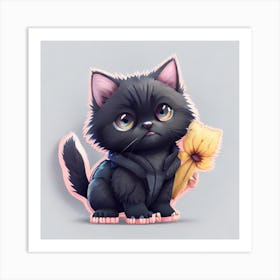 Black Cat With Yellow Flower Art Print