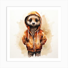 Watercolour Cartoon Meerkat In A Hoodie 1 Art Print