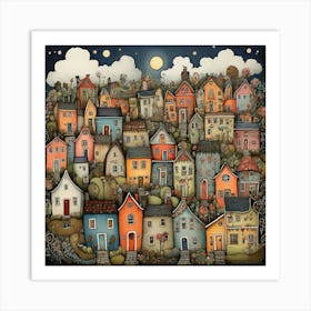 Folk Art Doodle Houses Village Art Print 0 Art Print